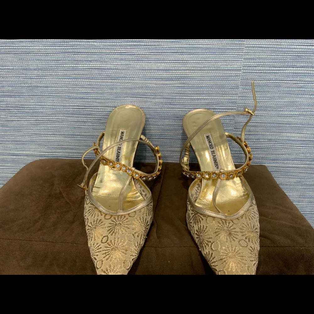 Manolo Blahnik gold strap sling backs 4inch heels